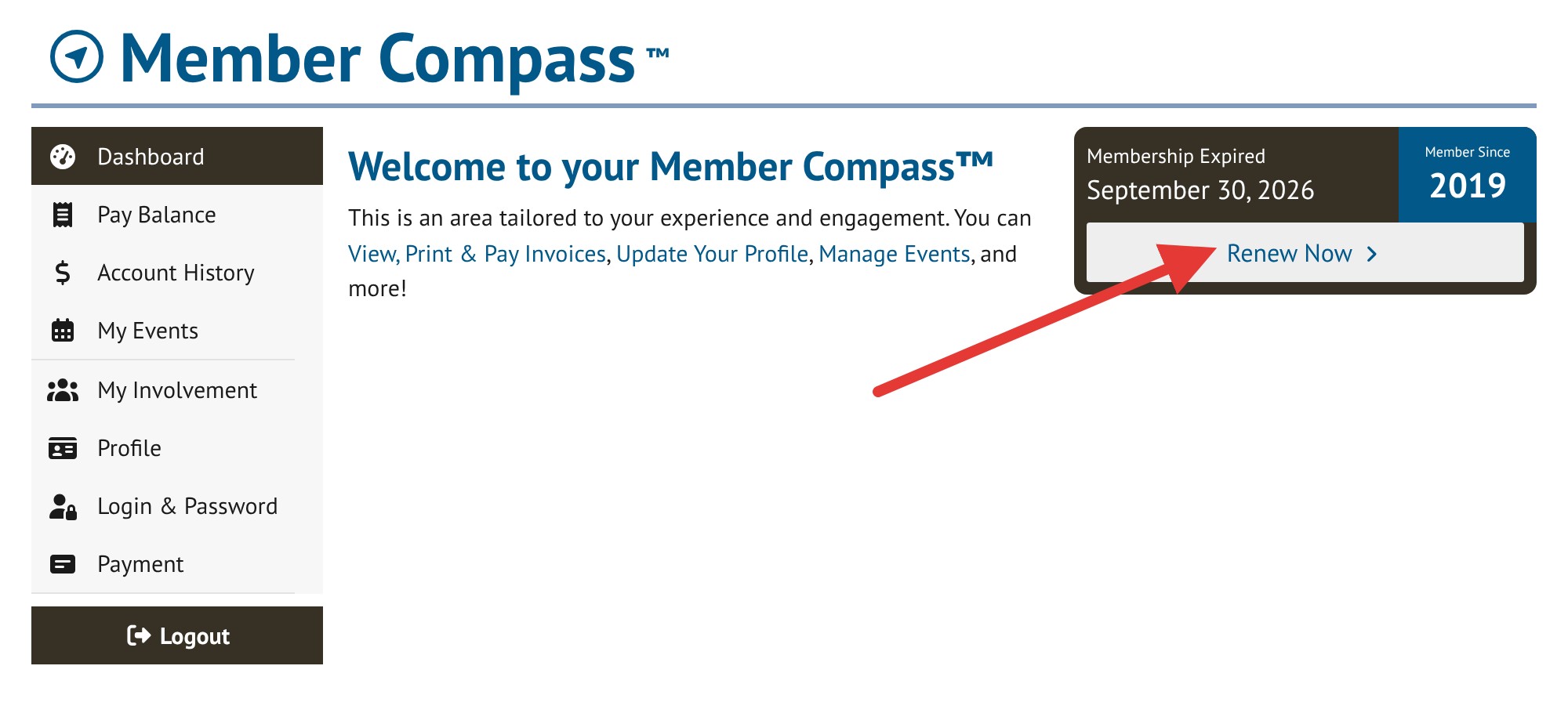 Member Compass dashboard showing Membership Expired with a Renew Now button below the date