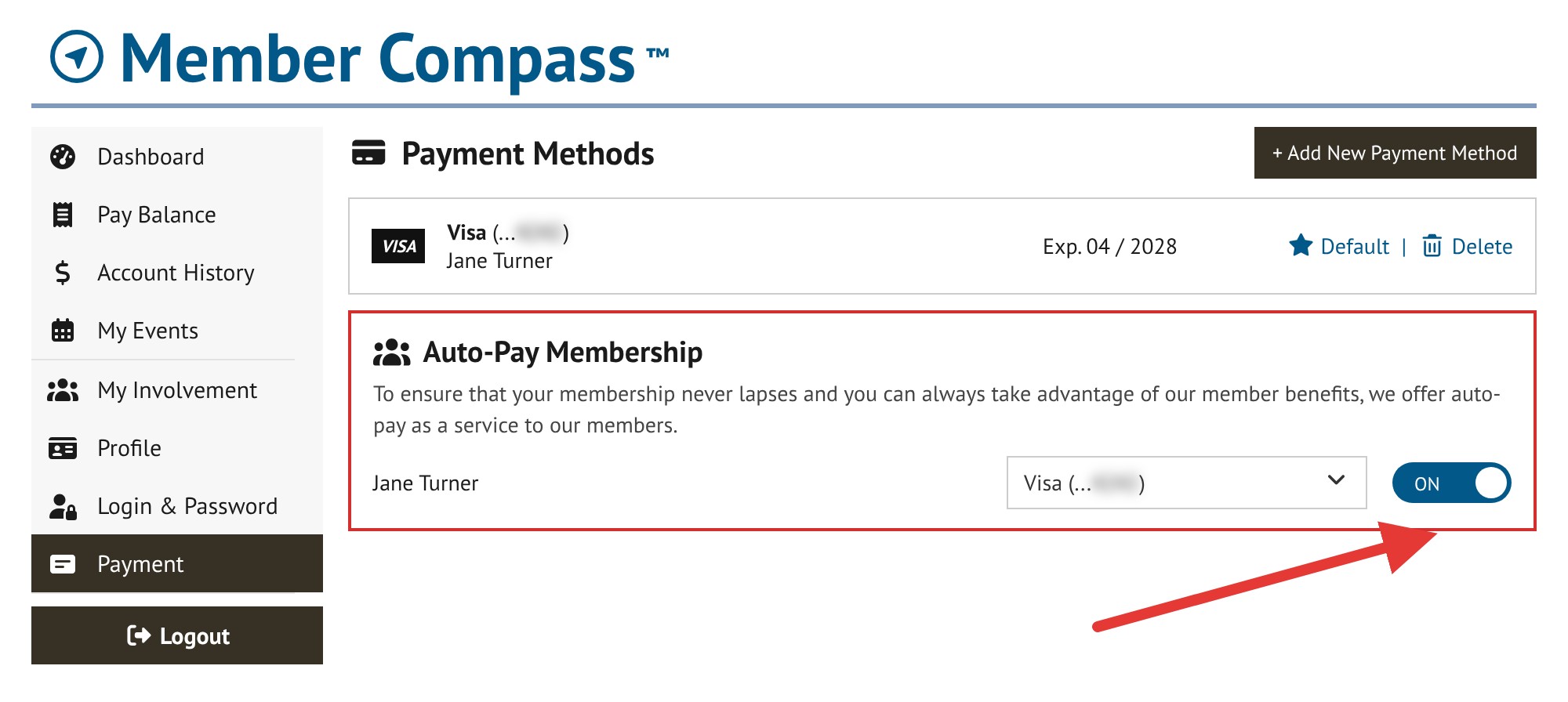 Payment page in the Member Compass with the Auto-Pay Membership switch turned on