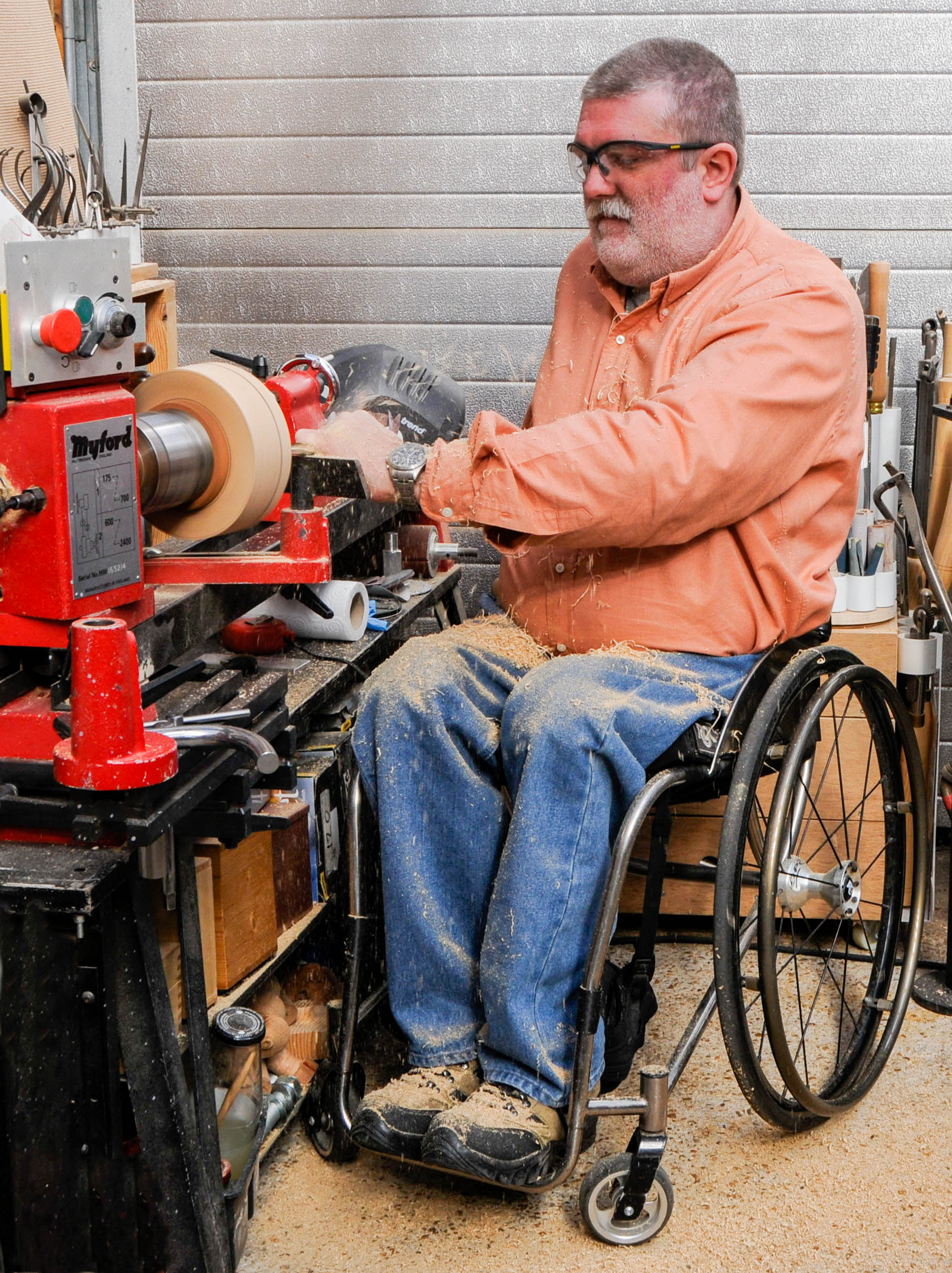 Chris Grace turning at home and making use of the swivel headstock to achieve a comfortable working position