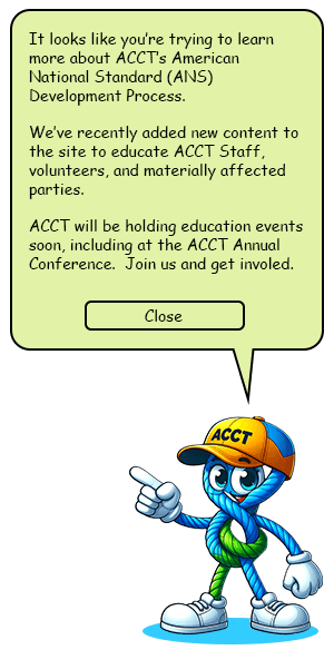 A rope knot character made displayed as a pop-up in the style of an assistant with a yellow bubble indicating that standards development education workshops are coming soon.