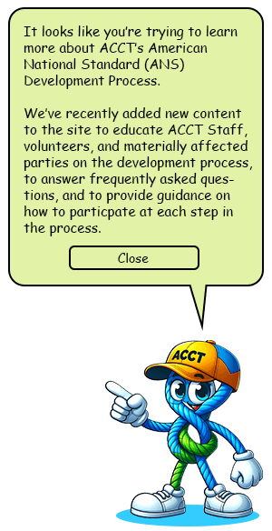A rope knot character made displayed as a pop-up in the style of an assistant with a yellow bubble indicating that standards development education workshops are coming soon. 