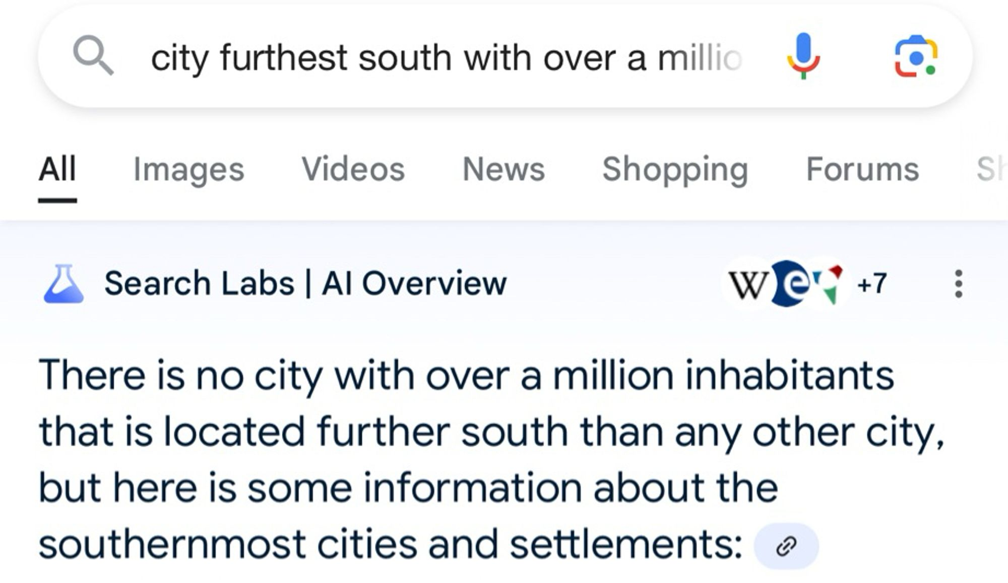 Google search for "city furthest south with over a million people." The AI-generated response says: "There is no city with over a million inhabitants that is located further south than any other city, but here is some information about the southernmost cities and settlements."