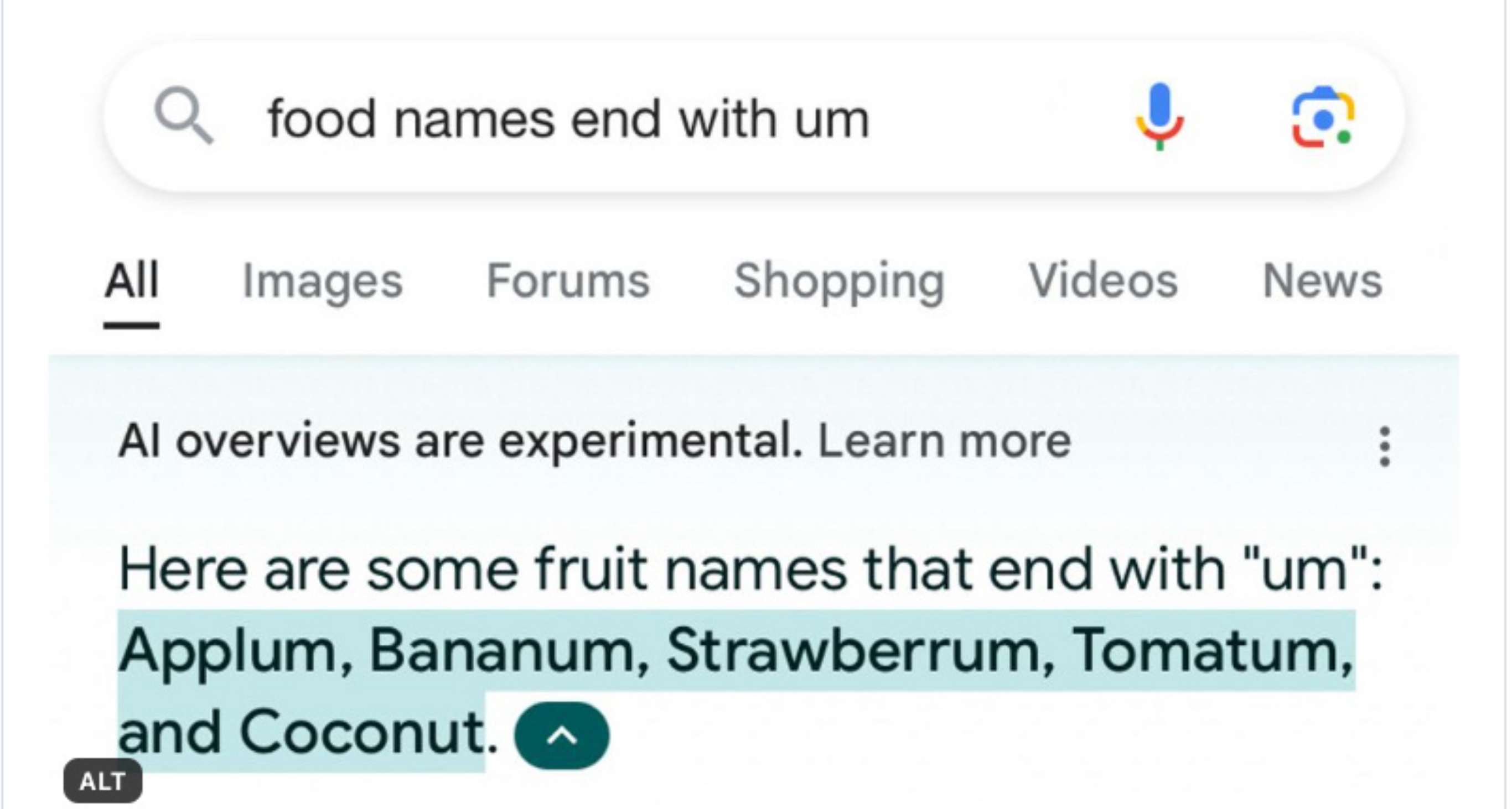 The search query is “food names end with um”  Google has returned an AI overview answer that says: Here are some fruit names that end with “um”:  Applum, Banana, Strawberrum, Tomatum, and Coconut.