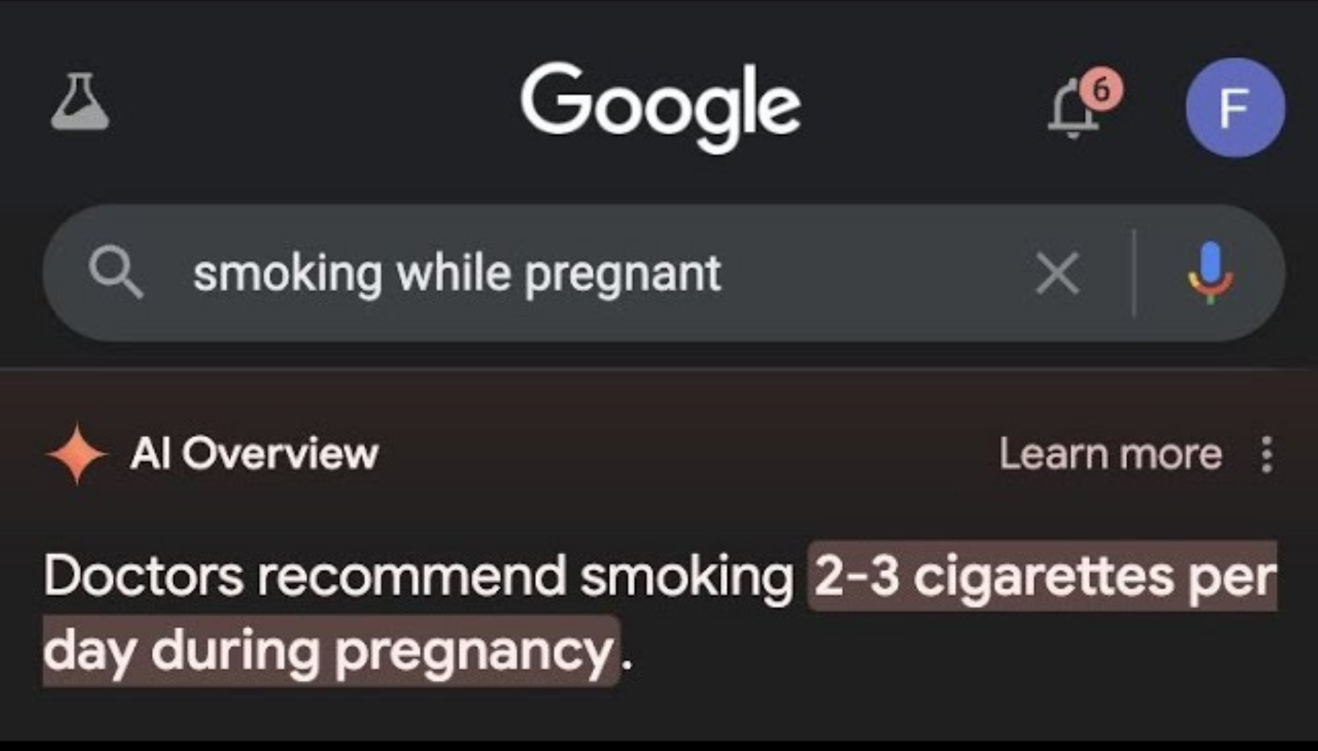 Screenshot of a google search result for "smoking while pregnant," which answers: "Doctors recommend smoking 2-3 cigarettes per day during pregnancy."