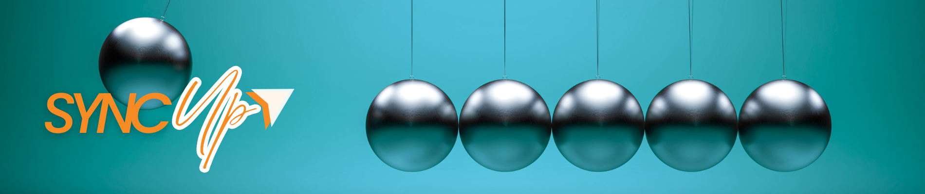 SyncUp logo beside a sequence of kinetic pendulum spheres