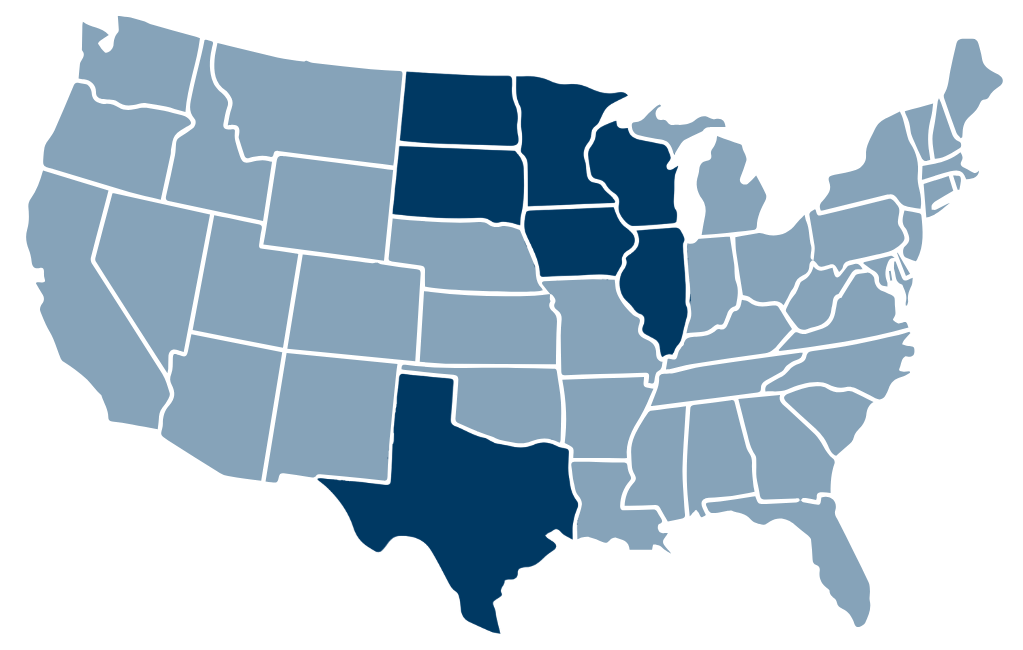 Map showing CBFS service across Minnesota, North Dakota, South Dakota, Iowa, Wisconsin, Illinois, and Texas.
