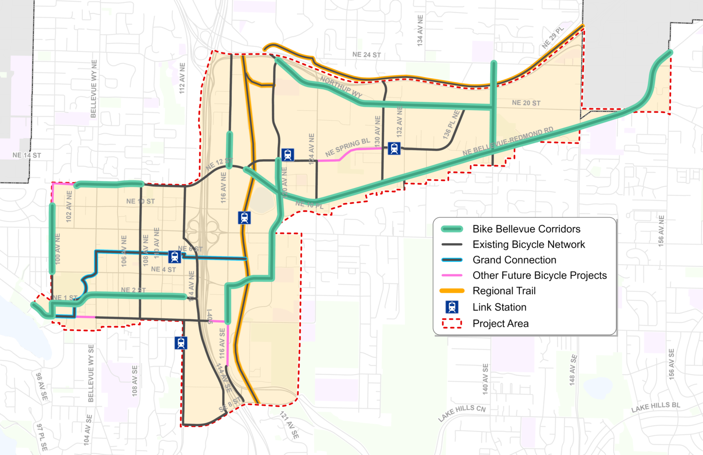 A map showing the Bike Bellevue project area.