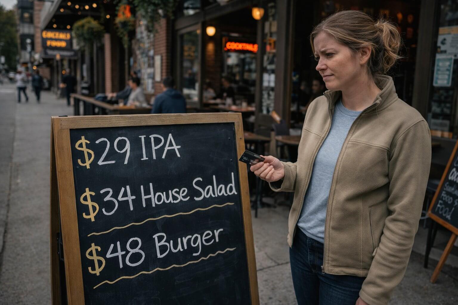 Woman looking at expensive restaurant menu board in Seattle