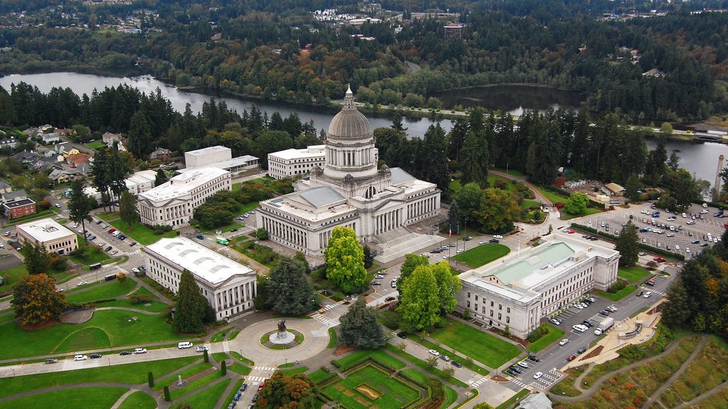 Aerial view of the Washington State Capitol campus in Olympia