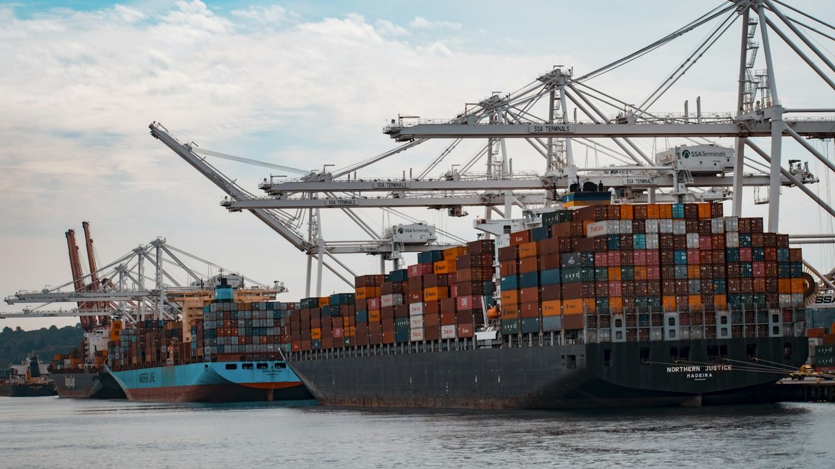 A container ship being loaded at a port