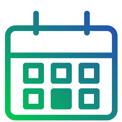 Icon of a calendar with rounded corners. Six boxes in two rows, with the lower middle one filled in. Blue-green gradient line art