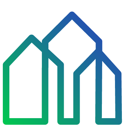 Icon with three overlapping buildings, simplified lineart in a blue-green gradient.