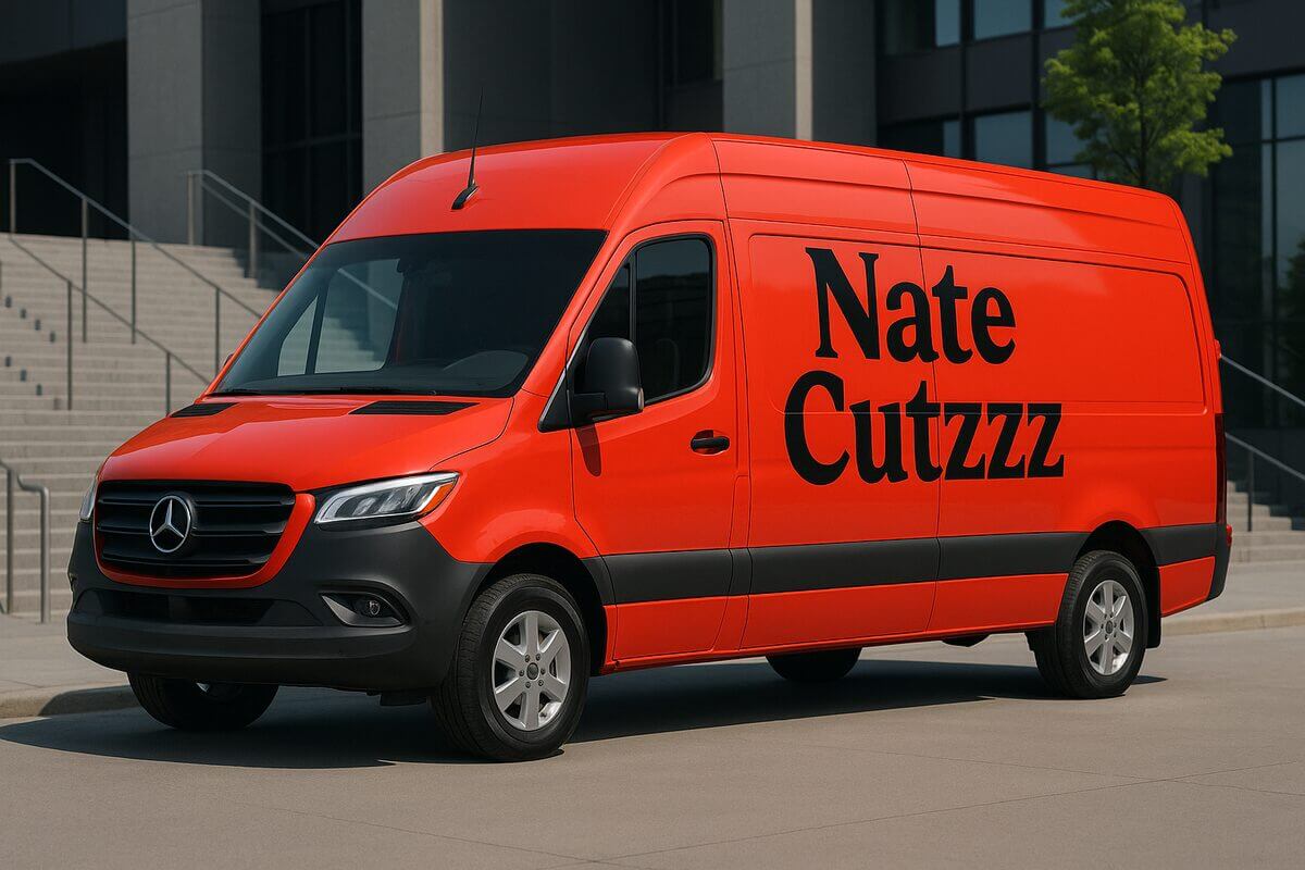 A concept rendering of a branded Nate Cutzzz mobile barbershop van