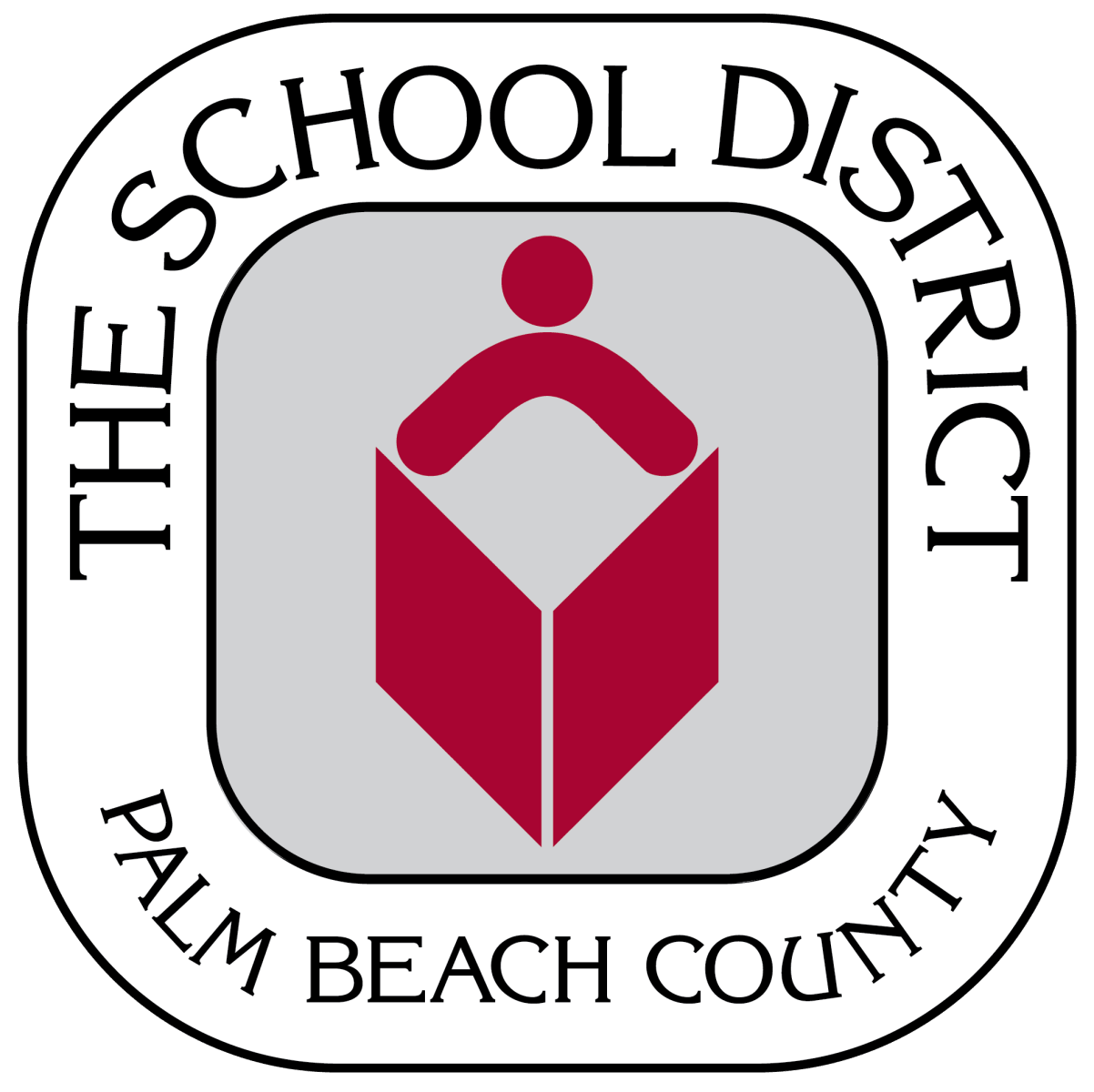 The image features the logo of the Palm Beach County School District, which includes a stylized human figure holding an open book, symbolizing education and learning.AI-generated content may be incorrect.