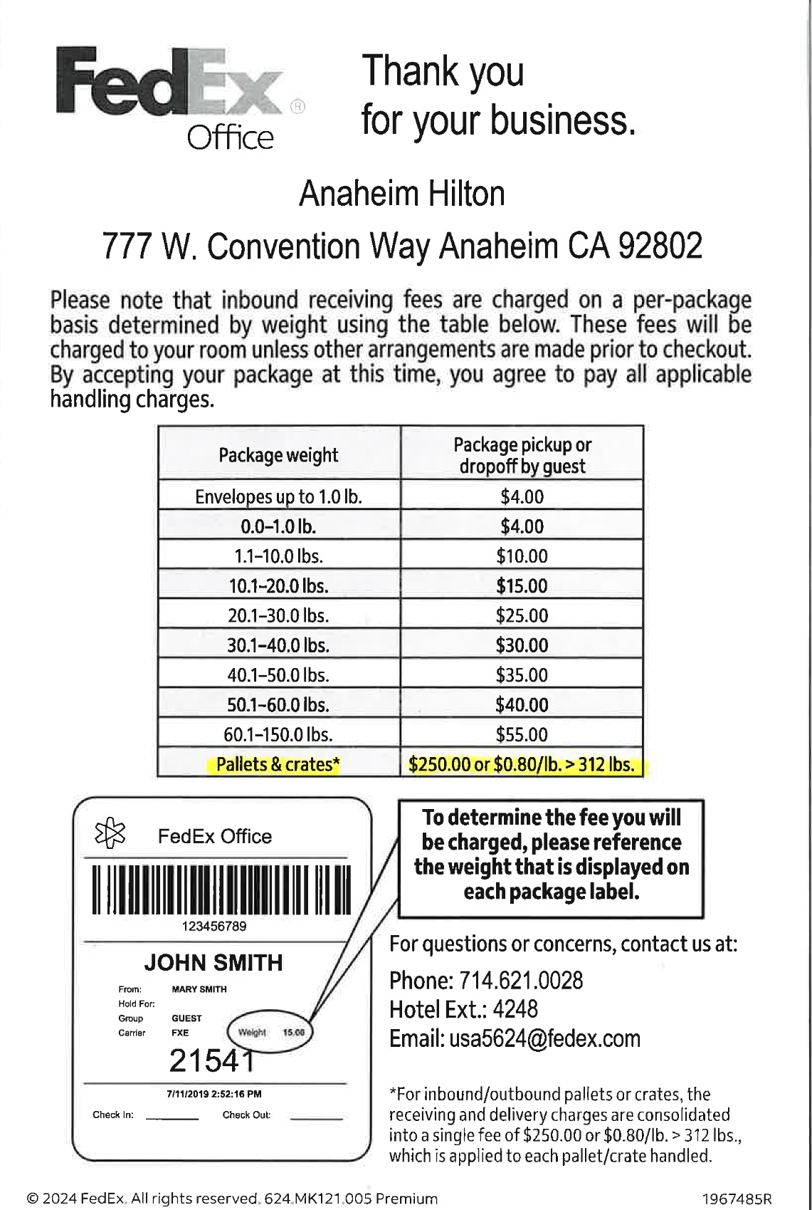 Anaheim Hilton Shipping Info and Fees