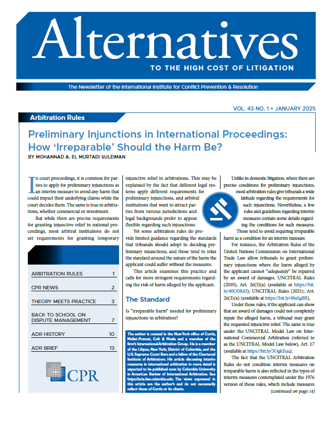 A newsletter cover discussing preliminary injunctions in international arbitration, focusing on the standards for irreparable harm.