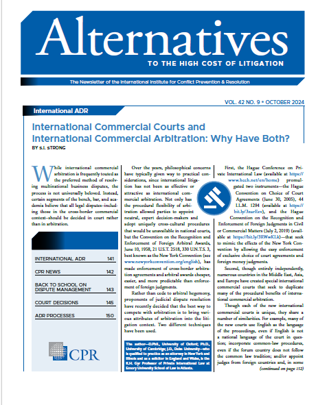A newsletter cover titled "Alternatives" discussing international commercial courts and arbitration, featuring an article by S.L. Strong.