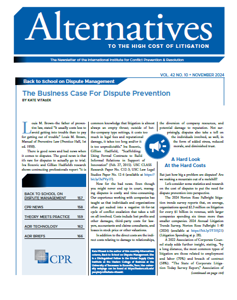 A newsletter cover titled "Alternatives" focusing on dispute management, featuring an article on the business case for dispute prevention.