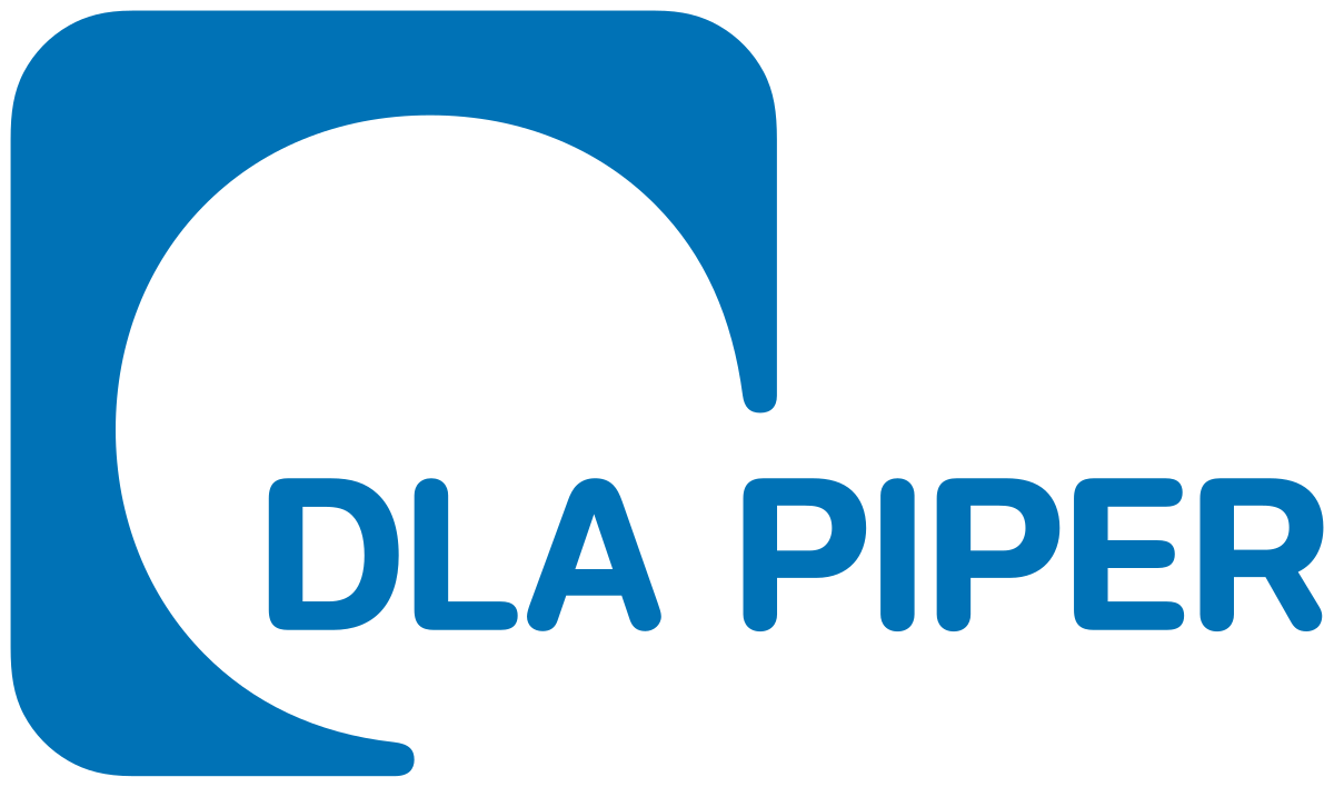 Logo of DLA Piper featuring a blue square with a curved cutout and the text "DLA PIPER" in bold letters.