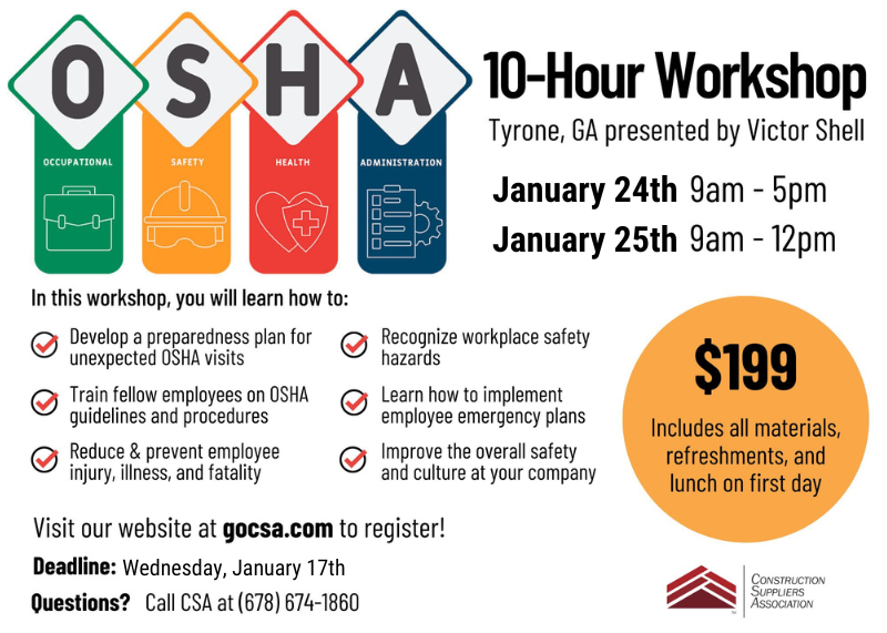 OSHA-10 Workshop in Tyrone, GA January 