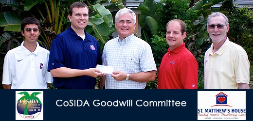 Members of the CoSIDA Goodwill Committee stopped by St. Matthew’s House on Wednesday, June 29, to deliver the monies and clothing donated by CoSIDA members. Pictured from left to right Jeremy Rosenthal (College of Charleston), Sam Atkinson, Chair (Gallaudet), Rev. Vann R. Ellison, President/CEO at St. Matthew’s House, Ryan Klinkner, Vice-Chair (St. John’s Minn.), Jim Thies (UW-River Falls).