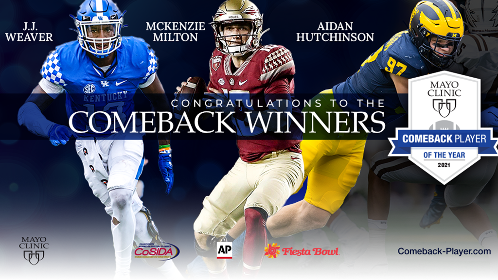 Aidan Hutchinson, McKenzie Milton and J.J. Weaver Named 2021 Mayo Clinic Comeback Player of the Year Award Winners