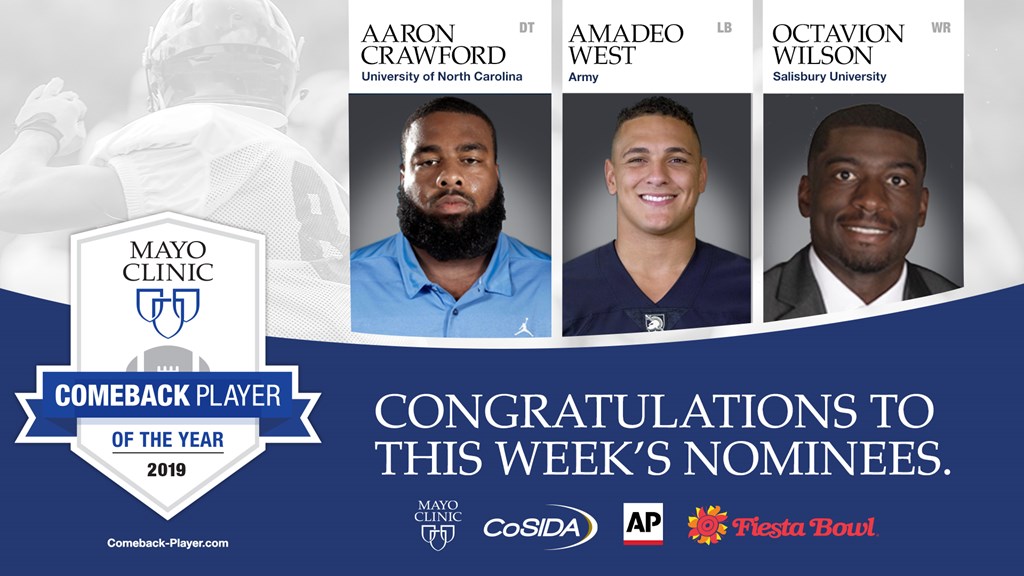 Aaron Crawford of North Carolina, Amadeo West of Army and Octavion Wilson of Salisbury Named 2019 Mayo Clinic Comeback Player of the Year Award Nominees