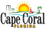 logo for cape coral - blues and yellows forming sunshine and city around black lettering