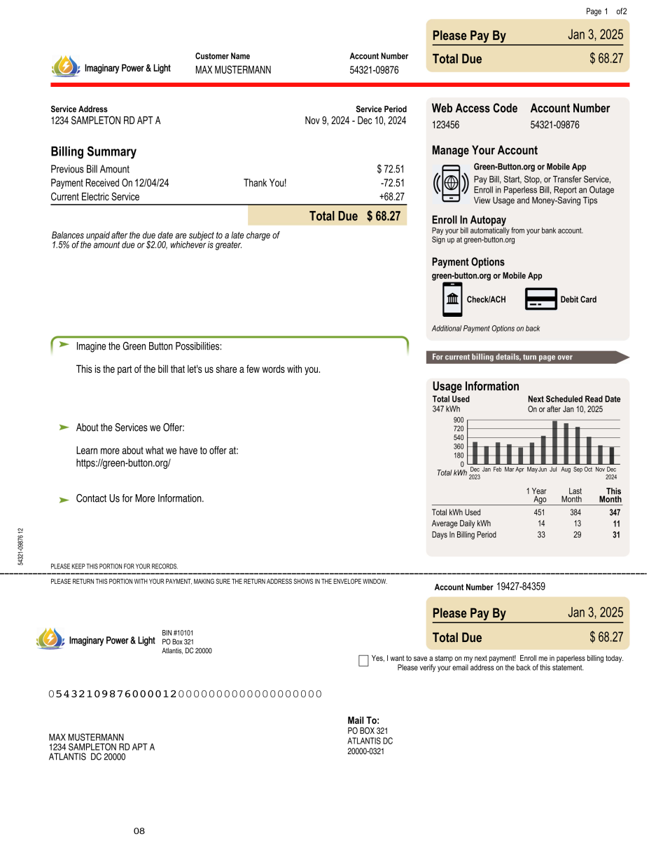 Sample Electricity Monthly Statement — Page 1