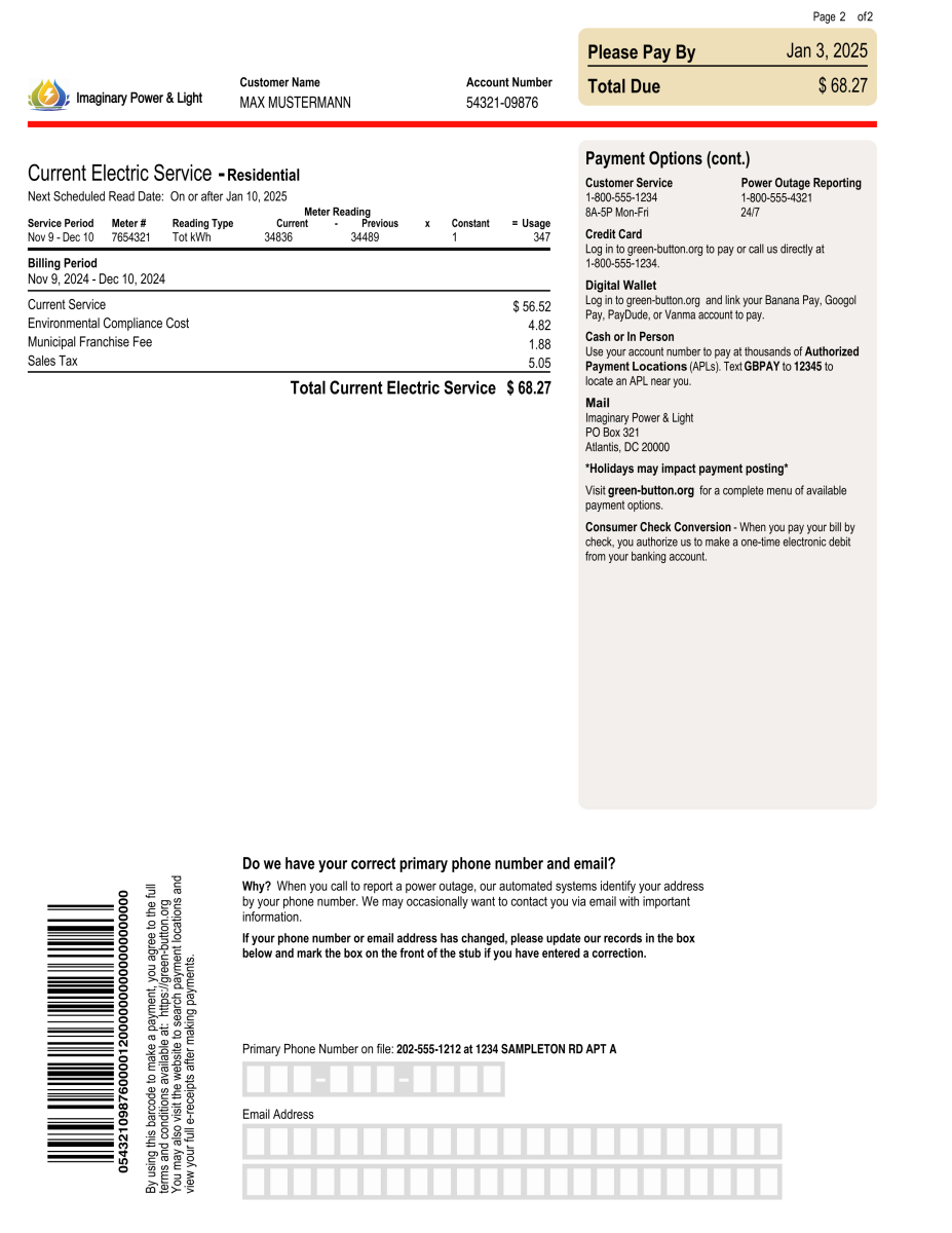 Sample Electricity Monthly Statement — Page 2