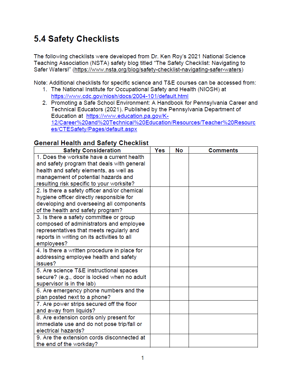 Lab Safety Inspection Checklist