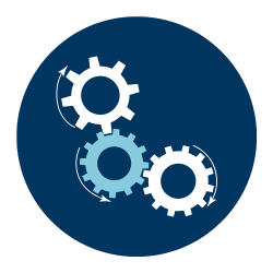 blue circle with white and light blue clip art of gears turning
