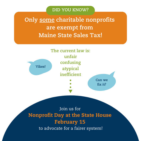Graphic saying "did you know? only some charitable nonprofits are exempt from Maine State Sales Tax! The current law is: unfair, confusing, atypical, inefficient"