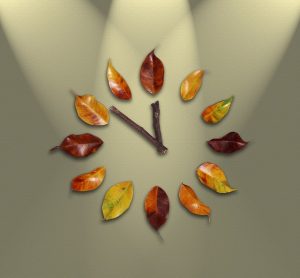 Wall clock with leaves along edge