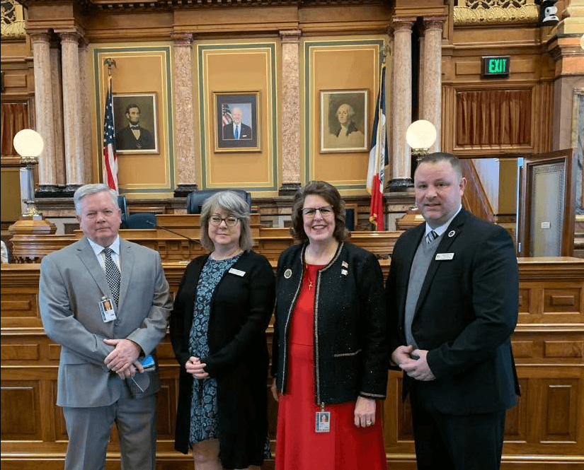 Mike Mortensen alongside Iowa State Senator Sandy Salmon, Wright County Veterans Service Officer Chris Oliver, and Iowa State Representative Mark Thompson during Veterans Day on the Hill in January 2023.