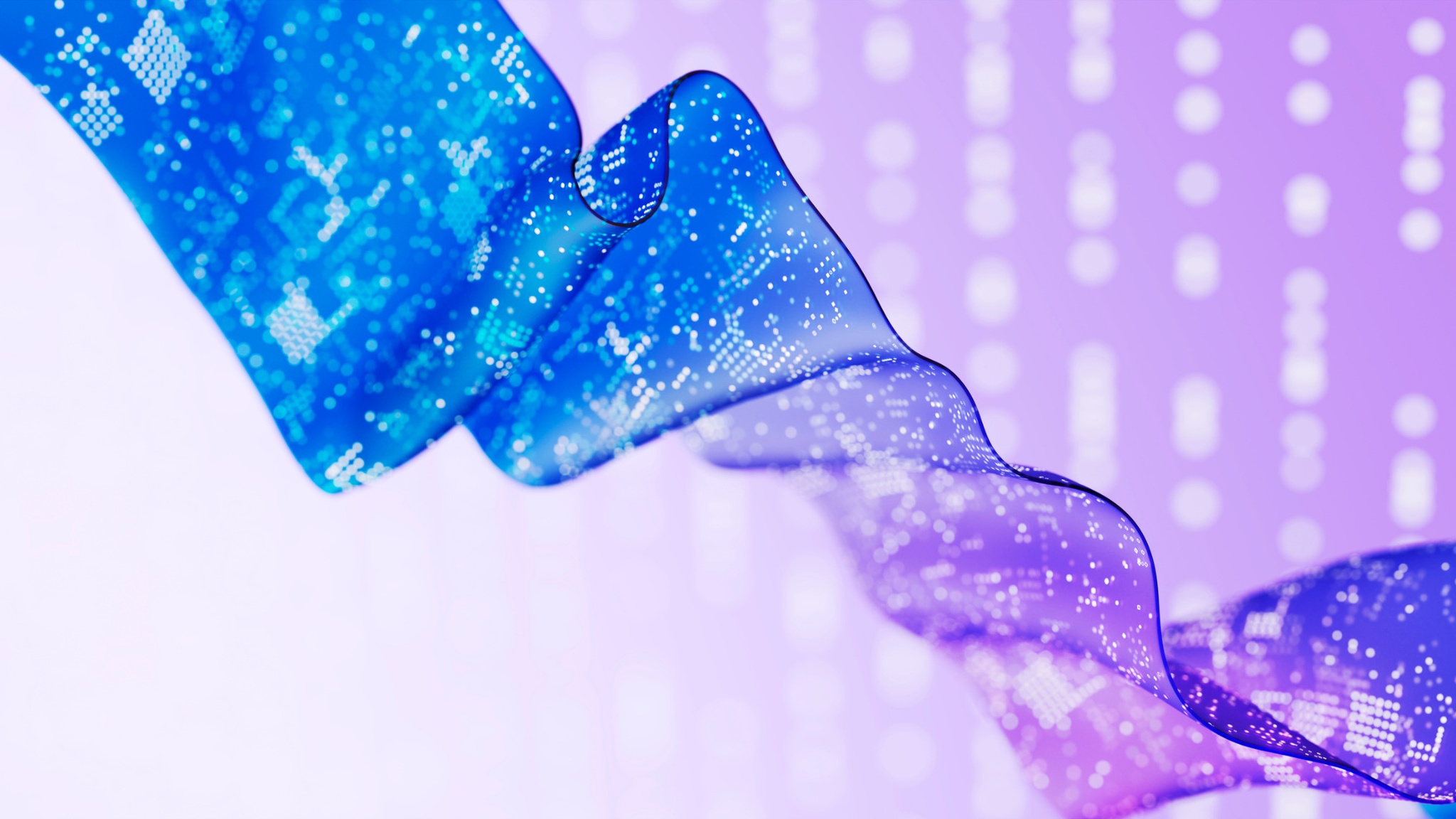 Blue and purple abstract digital wave with data-like textures.