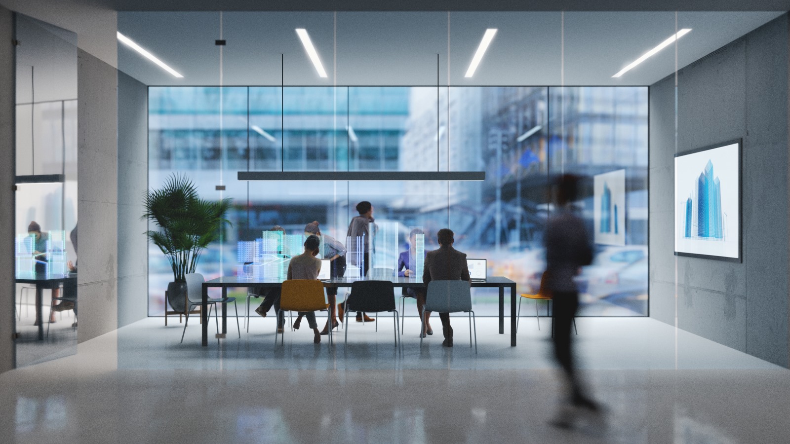 Photo of a modern boardroom with people sitting at a central table