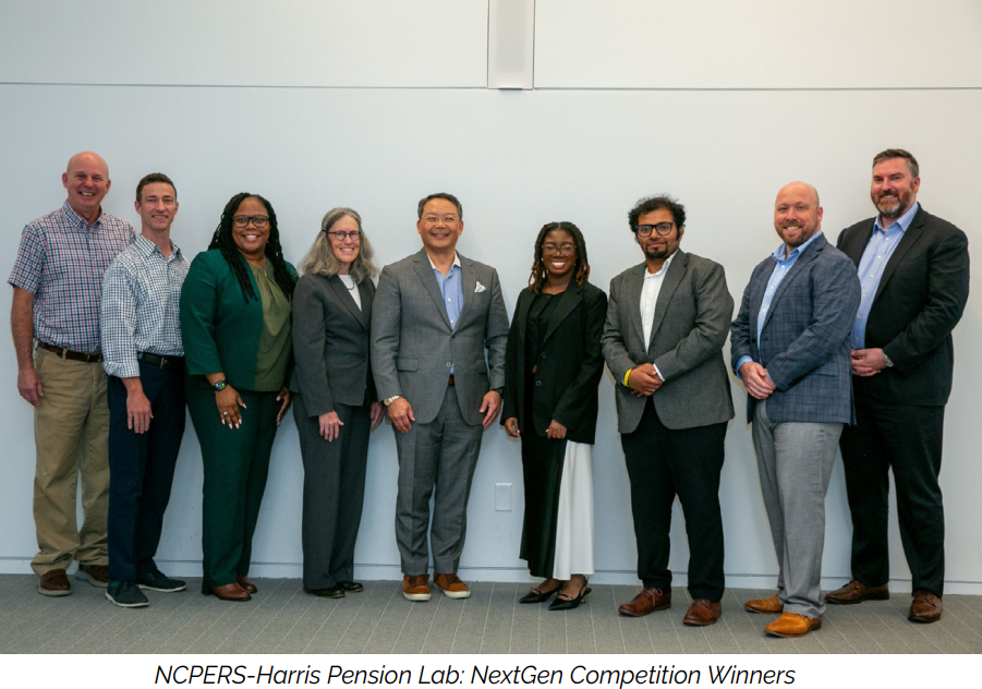 A group shot ofNCPERS-Harris Pension Lab: NextGen Competition Winners showing nine people including NCPERS CEO Hank Kim and Director of Research Matt Eckels