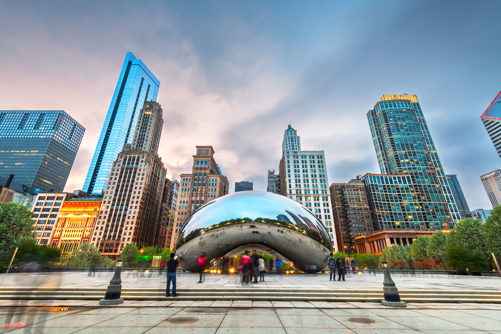 Wideshot of downtown Chicago with the Bean in center profile