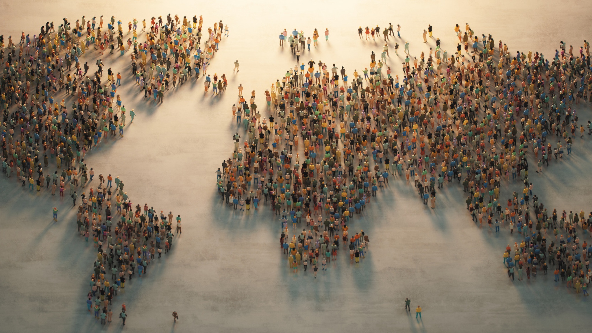 Crowd of people arranged into a world map shape.