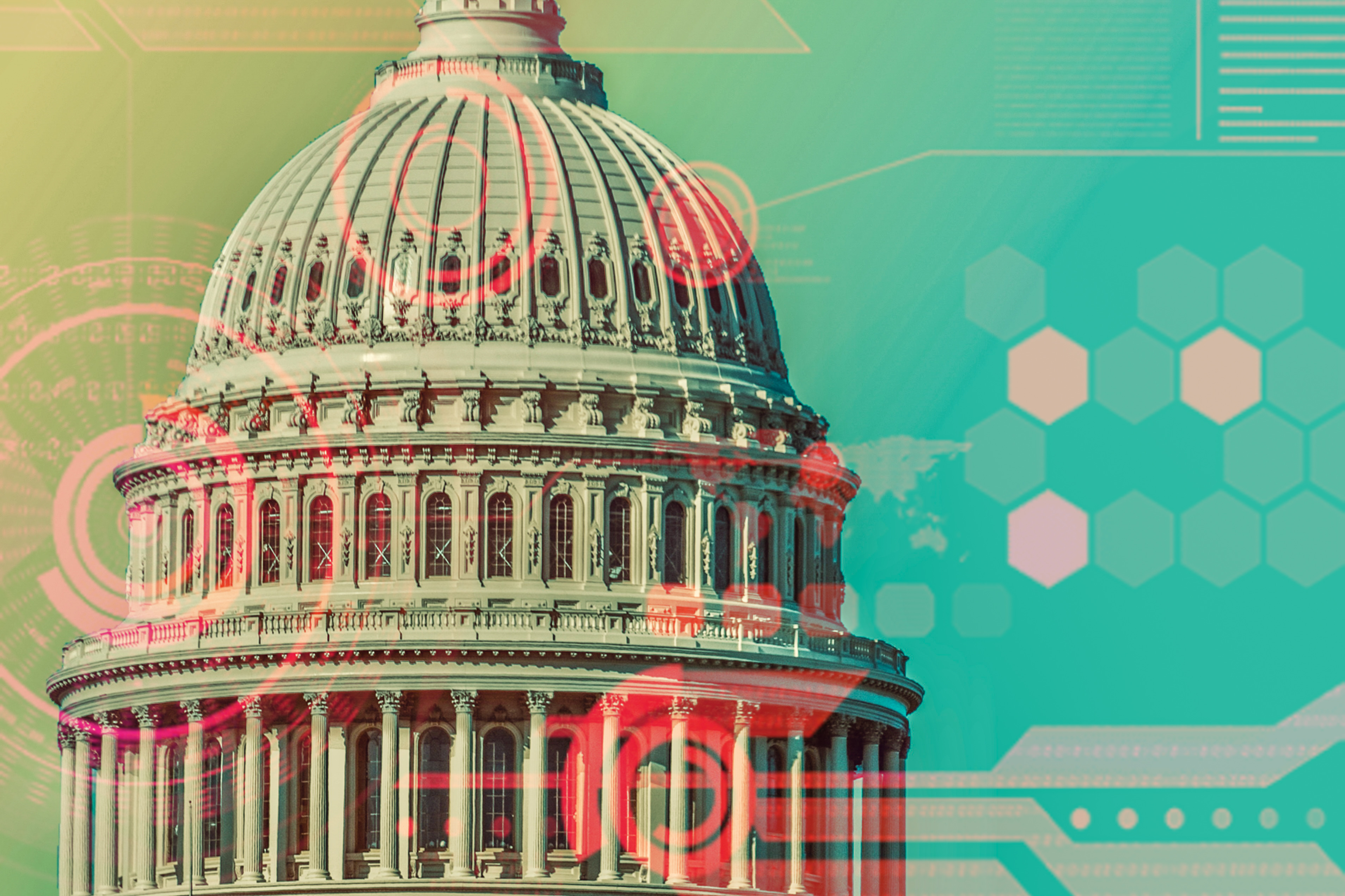 U.S. Capitol dome with abstract digital overlay graphics in teal, pink, and red
