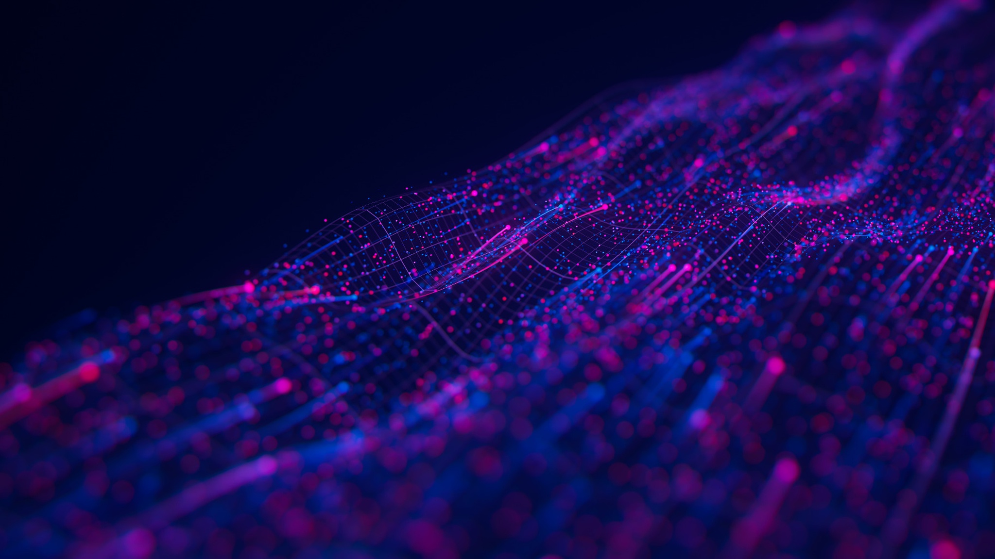 Purple digital wave or data stream on a dark background.