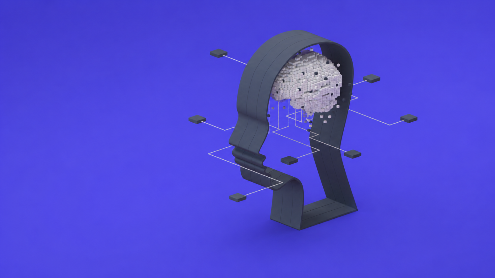 Digital brain inside a stylized human head