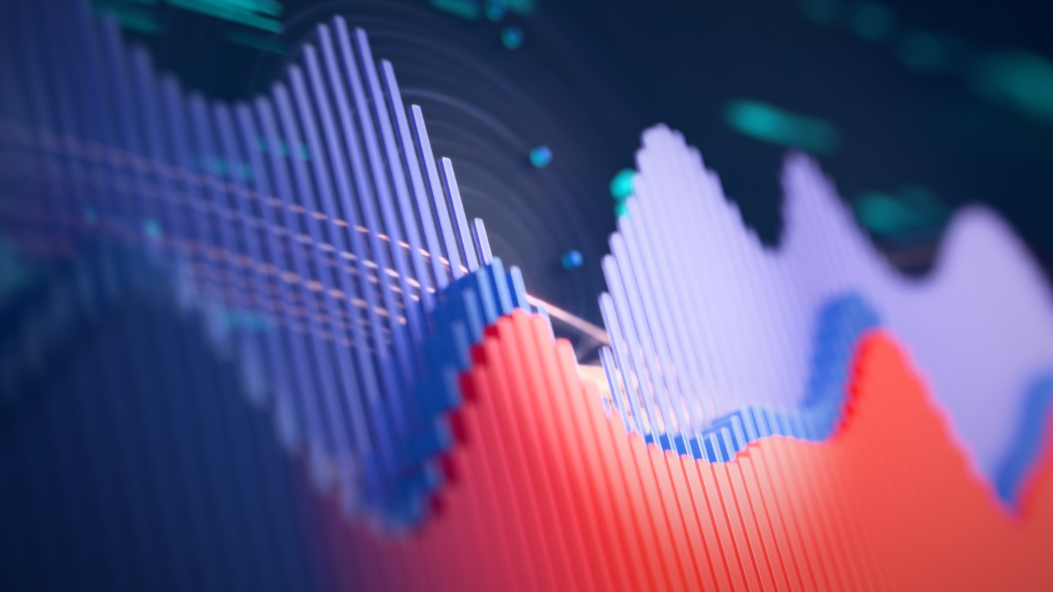 Abstract red and blue market graph with bar-style waves on a dark background.