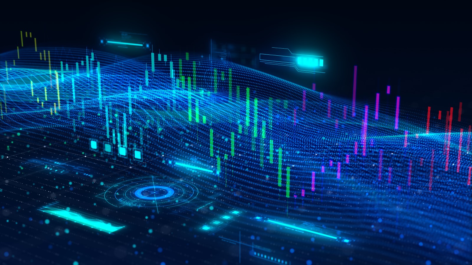 Futuristic data display with glowing charts on a dark blue grid