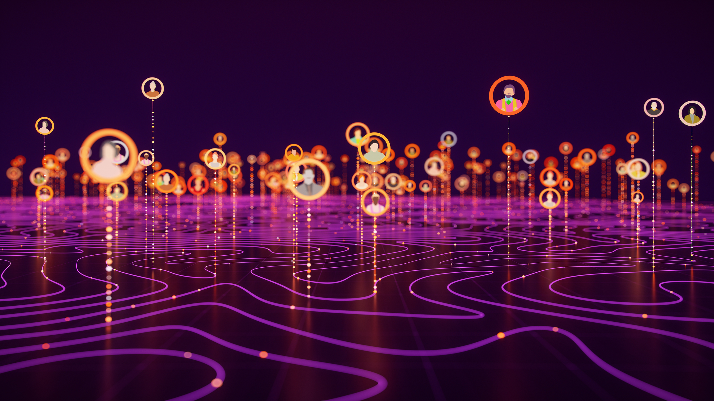 Abstract visual of human icons standing above a purple field