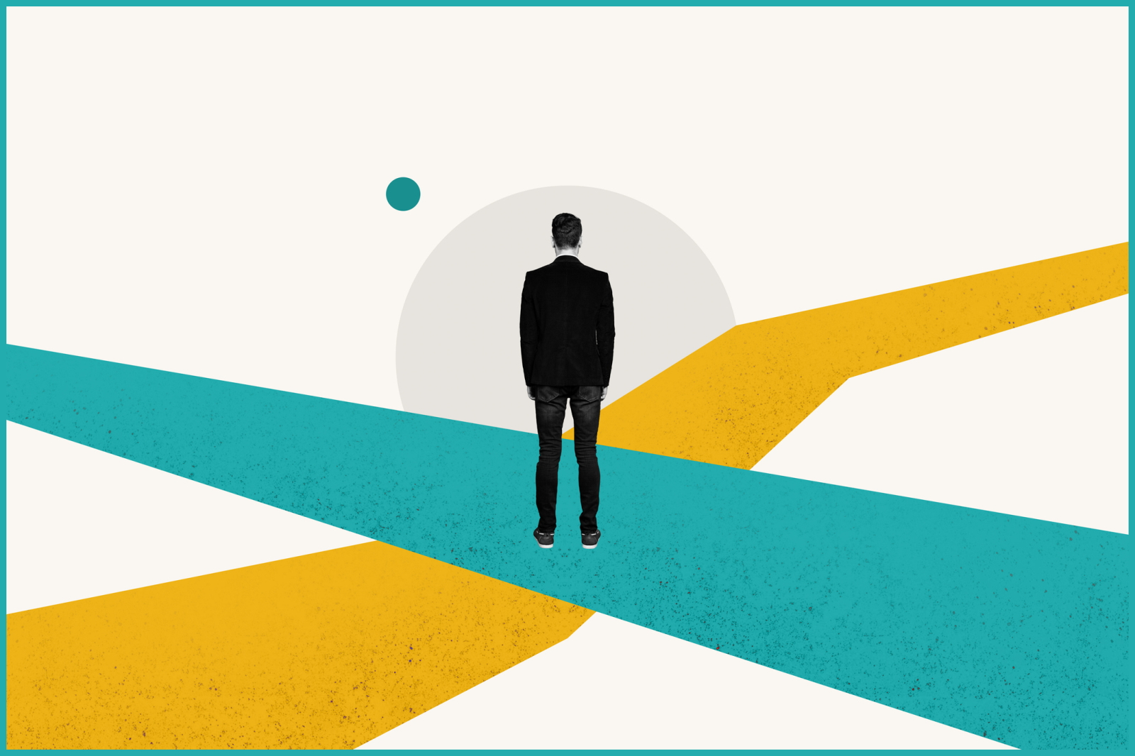 A person stands at the intersection of abstract teal and yellow paths, representing decision-making and uncertainty.