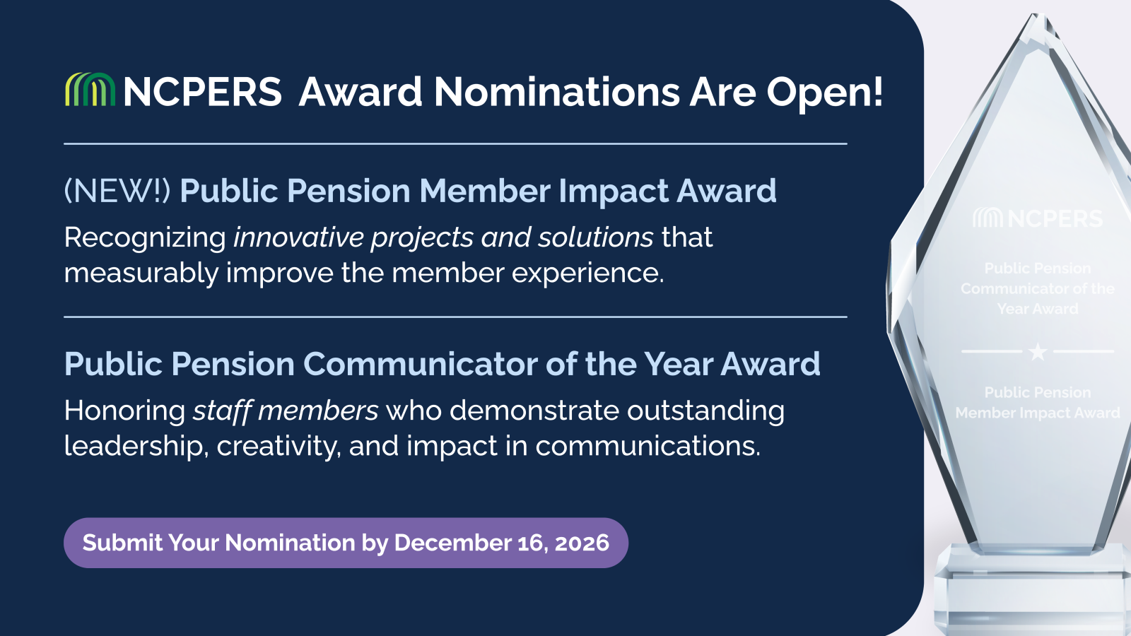 A graphic with a diamond crystal award promoting NCPERS awards