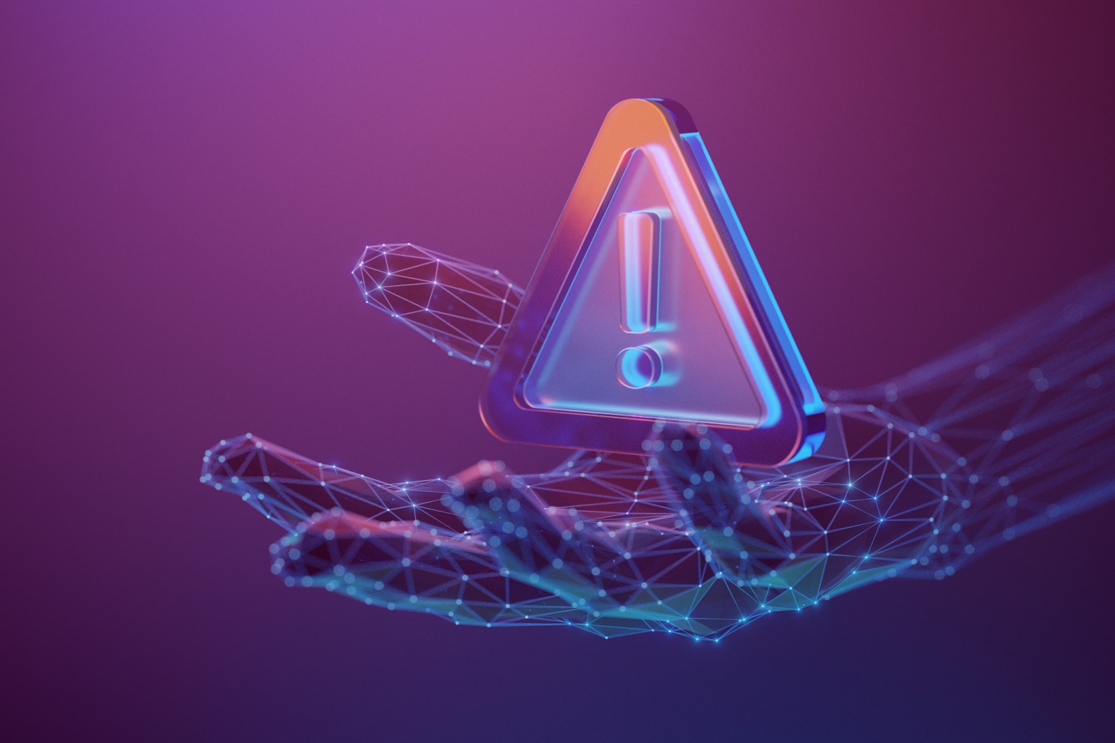 Digital warning symbol representing artificial intelligence cybersecurity risks
