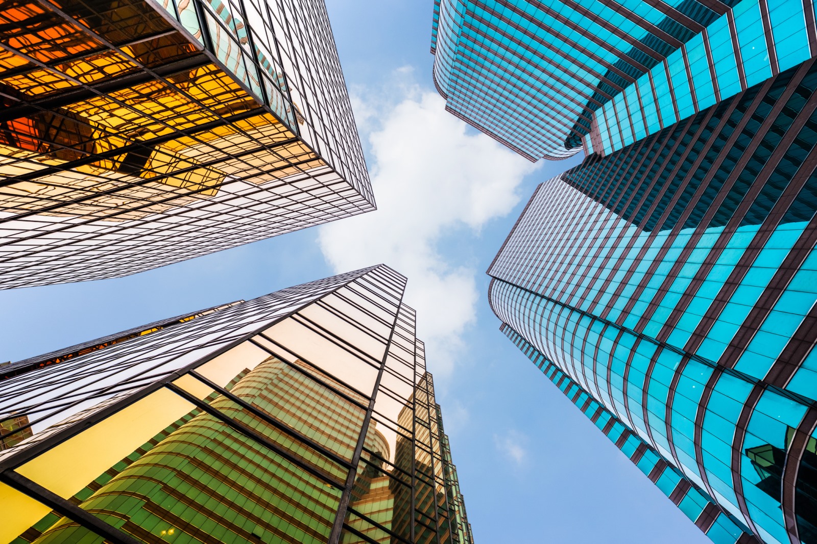 Modern commercial buildings viewed from below